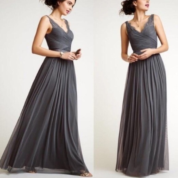 Hitherto BHLDN Gray Whimsigoth Fairy Mesh Overlay Tulle Lace Maxi Dress Size 4 - Picture 1 of 15